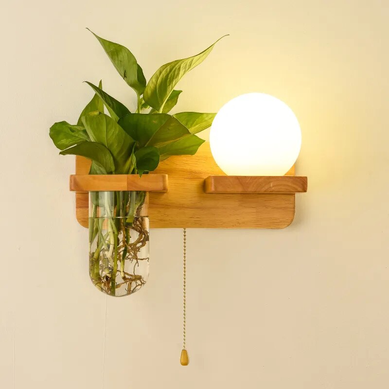 Log Plant Wall Lamp Nordic Pull Switch Indoor Living Room Hallway Decoration Modern Wooden Bedroom Bedside Light Night Sconce