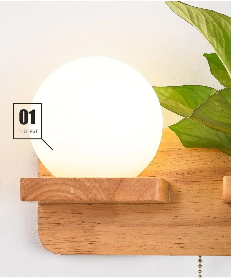 Log Plant Wall Lamp Nordic Pull Switch Indoor Living Room Hallway Decoration Modern Wooden Bedroom Bedside Light Night Sconce