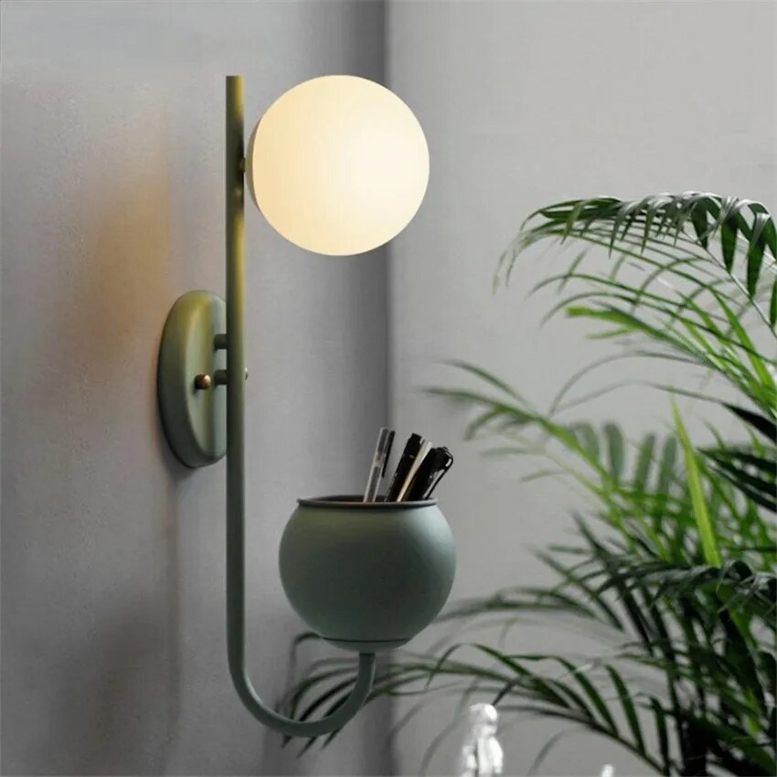 Nordic Macarons Plants Wall Lamp with Flowers Pot Glass Ball Lampshade Wall Sconce for Living Room Study Bedroom Bedside Lamps