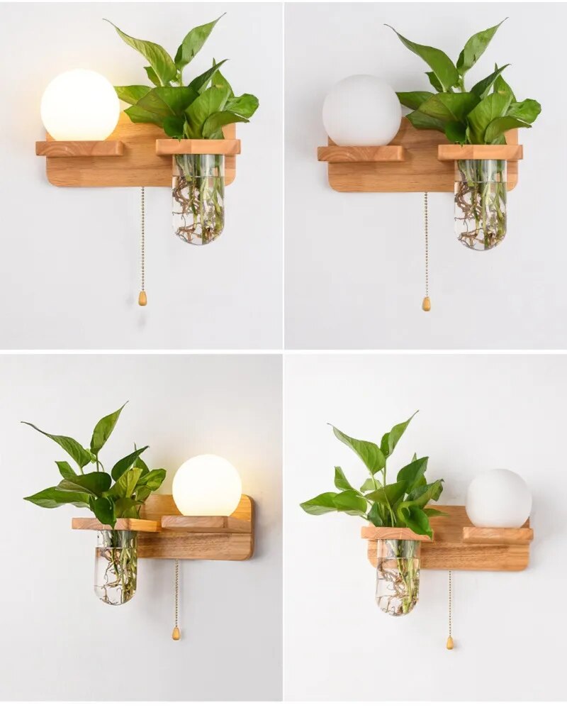 Log Plant Wall Lamp Nordic Pull Switch Indoor Living Room Hallway Decoration Modern Wooden Bedroom Bedside Light Night Sconce