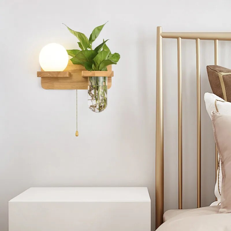 Nordic minimalist interior with switch green plant solid wood aisle decorative balcony bedside lamp E27 wall lamp