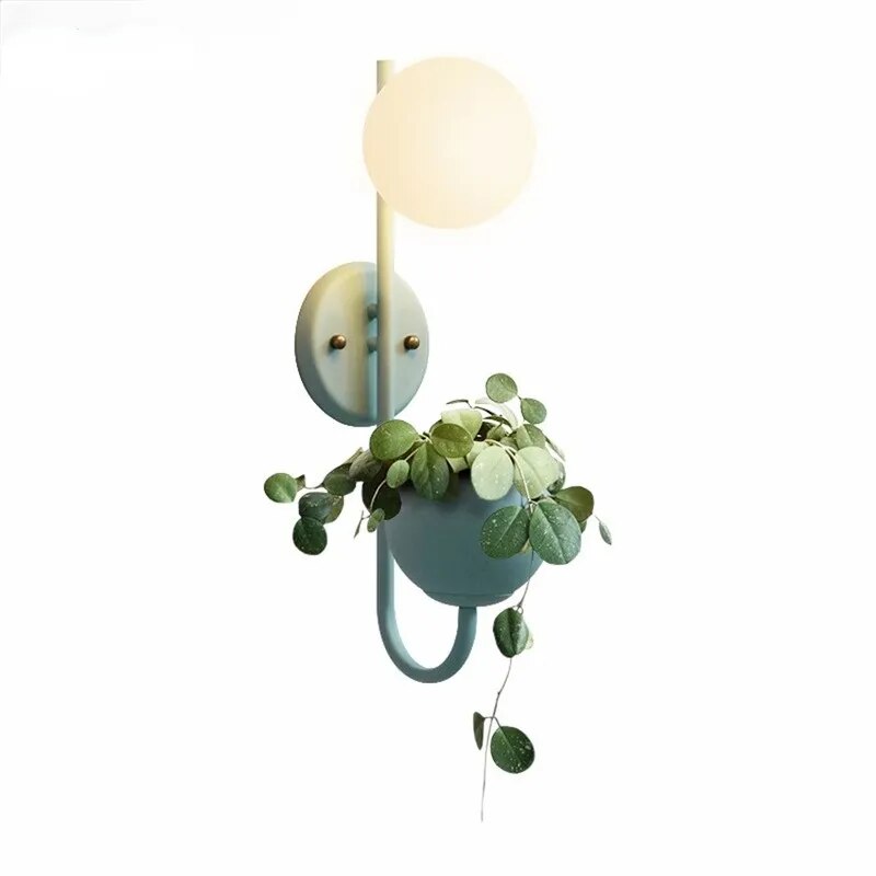 Nordic Macarons Plants Wall Lamp with Flowers Pot Glass Ball Lampshade Wall Sconce for Living Room Study Bedroom Bedside Lamps