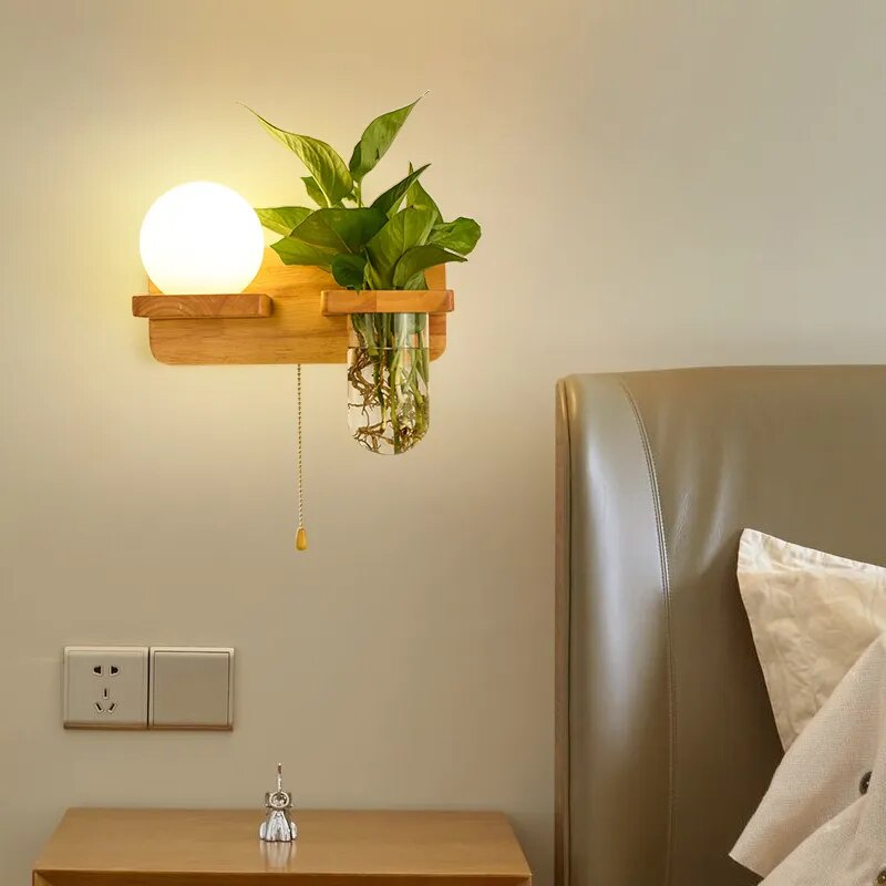 Log Plant Wall Lamp Nordic Pull Switch Indoor Living Room Hallway Decoration Modern Wooden Bedroom Bedside Light Night Sconce